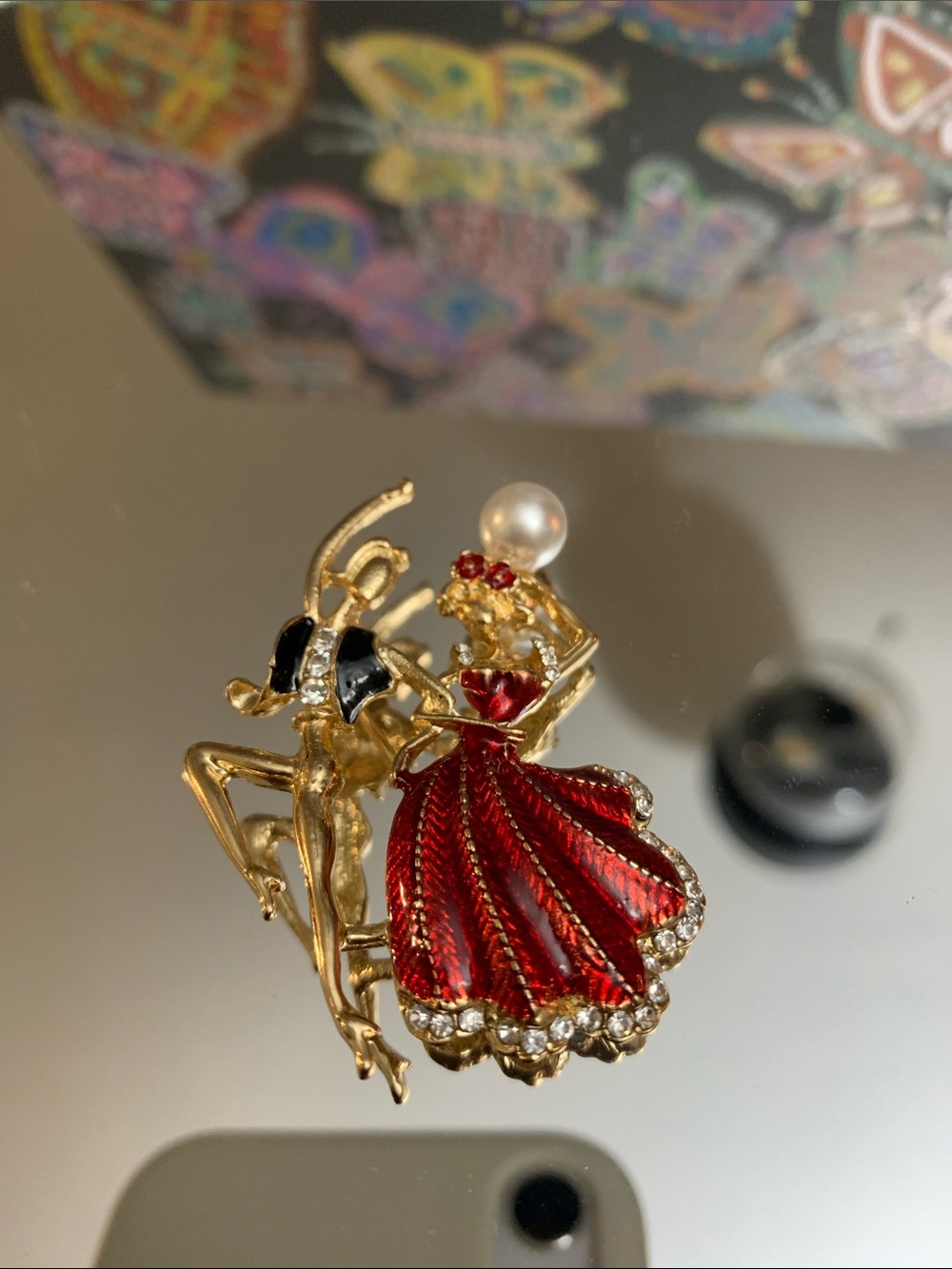 Gold-Tone Red Enamel Dancing Couple Brooch with Pearl and Crystal Accents